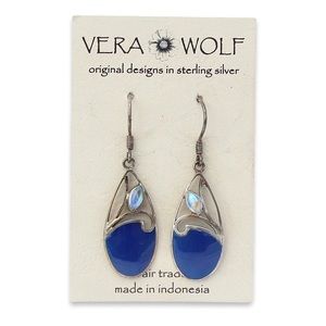 Vera Wolf Rainbow Moonstone & Blue Glass Sterling Silver Dangle Earrings